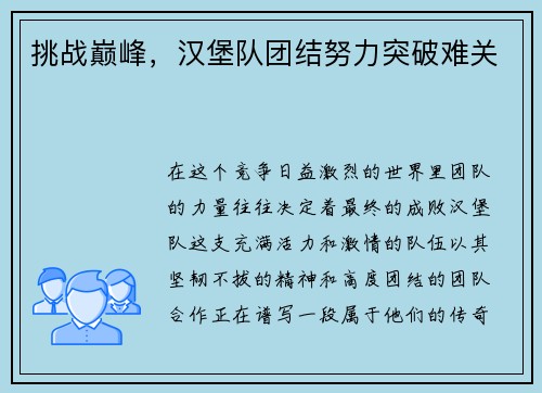 挑战巅峰，汉堡队团结努力突破难关