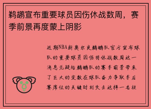 鹈鹕宣布重要球员因伤休战数周，赛季前景再度蒙上阴影
